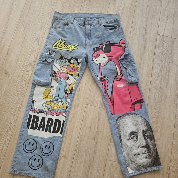 Colorful Graphic Jeans with Cartoon and Portrait Prints - Picture 1 of 1